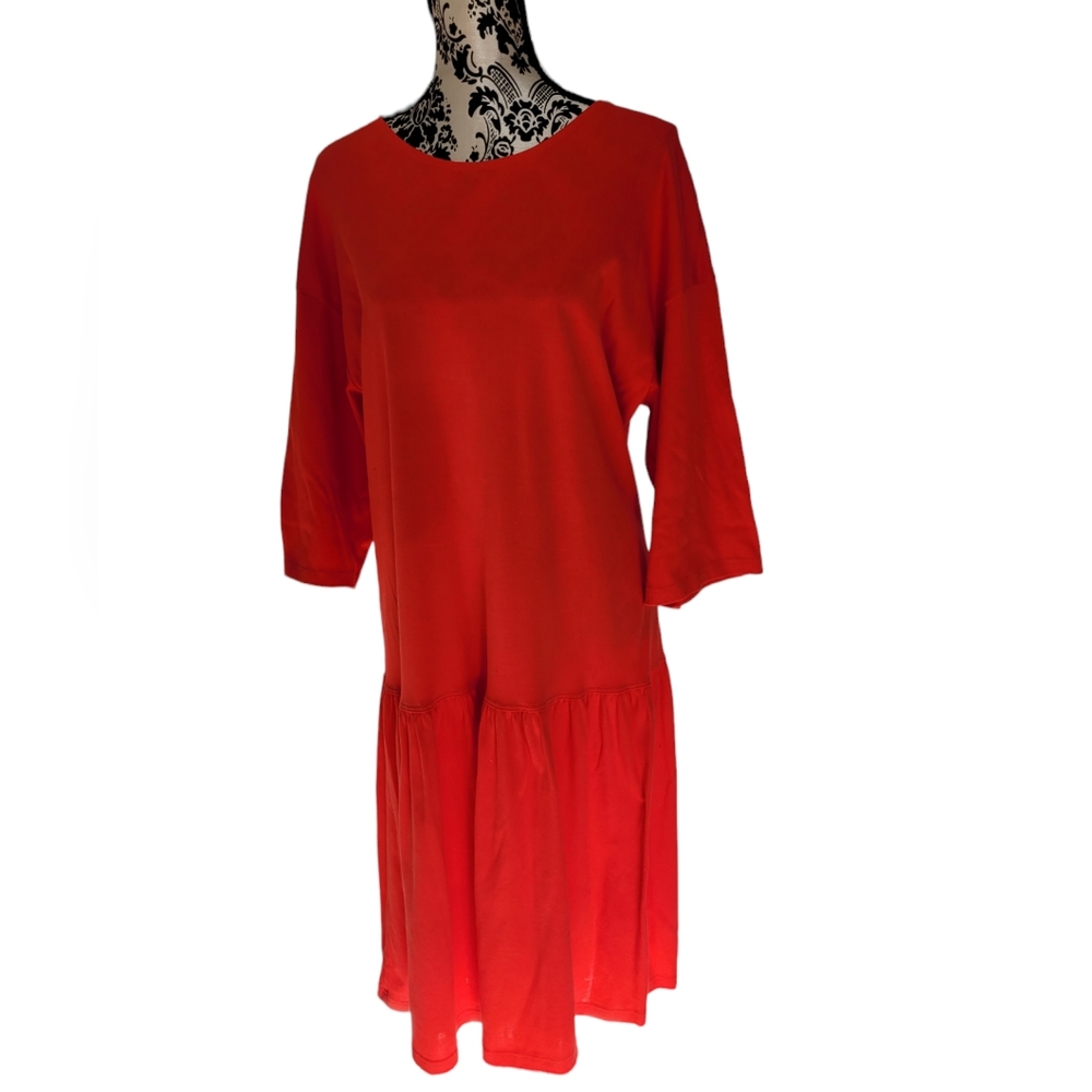 Marimekko Tomato Red Ruffle Midi Dress, Drop Shoulder & 3/4 Sleeve. Size M